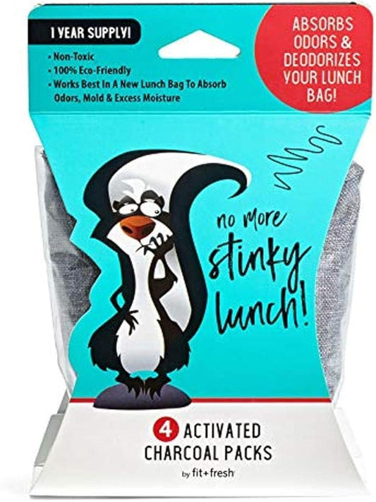 Fit + Fresh Activated Charcoal, 4 Pack (4” x 3.75” x 3.75”) Absorbs Odors and Deodorizes Lunch Bags, Non-Toxic and Safe for Backpacks, Shoes, Closet and Car, Gray