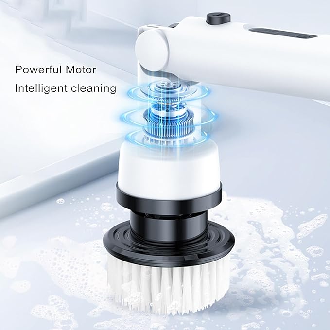 YUYTE Electric Spin Scrubber,Cordless Cleaning Brush with 9 Replaceable Heads,Adjustable Extension Handle, 90 Mins Long Lasting Power for Bathroom, Shower, Tub, Tile, Floor, Car (White)