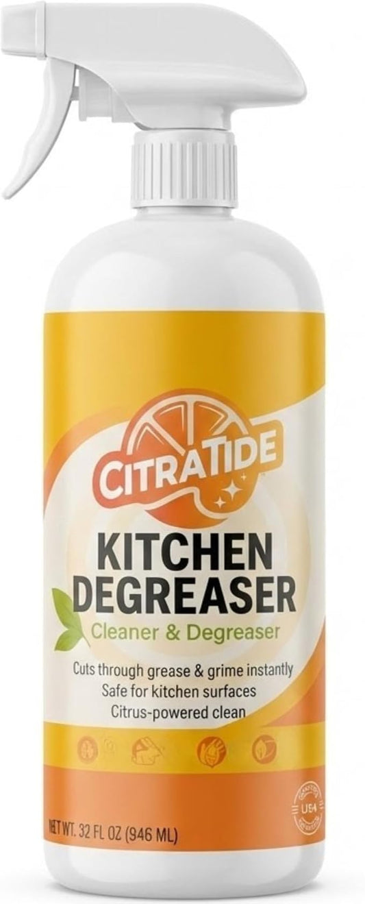 Kitchen Degreaser Spray – Heavy Duty Plant-Based Citrus Cleaner for Countertops, Stovetops & Appliances – Non-Toxic, USA Made (32 fl oz)