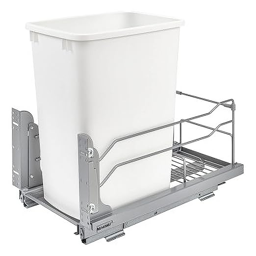 Rev-A-Shelf Pullout Trash Can for Base Kitchen Cabinets 35 Quart 8.75 Gallon with Soft-Close Slides and Rear Storage, White, 53WC-1535SCDM-111