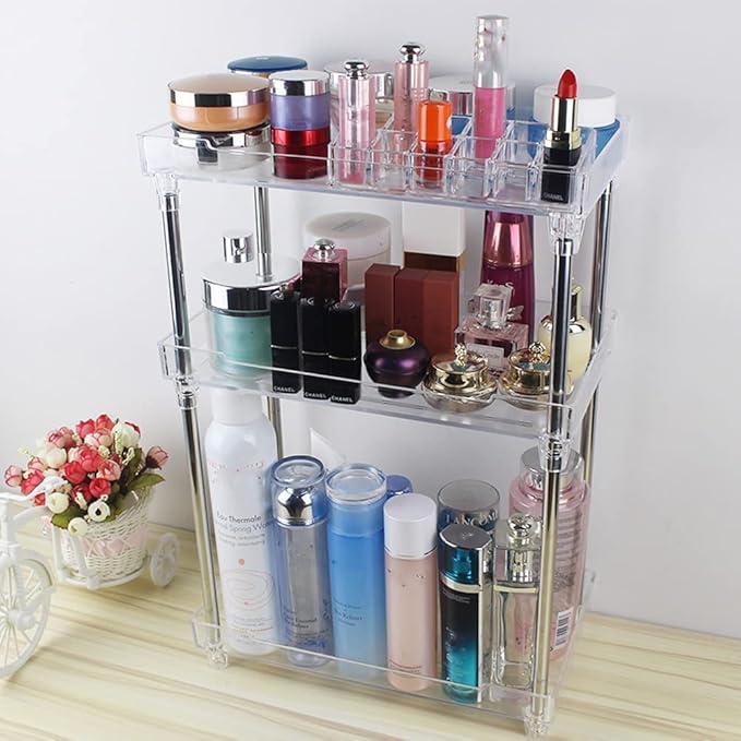 Bathroom Organizer Countertop Storage Clear 3 Tier Skincare Organizer Acrylic Corner Shelf Rack Stand for Makeup Cosmetic Perfume Vanity Tray Kitchen Living Room Supplies