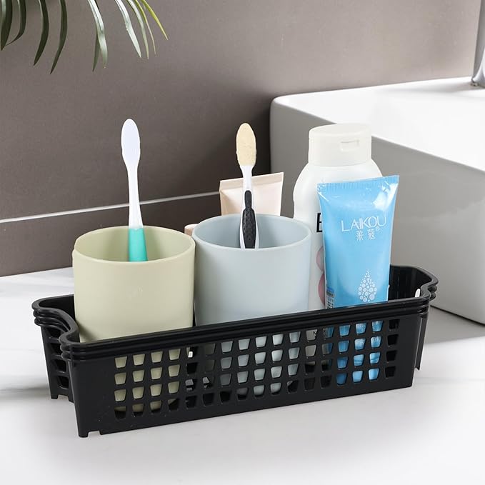 12 Pack Plastic Slim Storage Basket, 10.43" x 3.74" x 2.55" Small Stackable Plastic Storage Baskets, Black