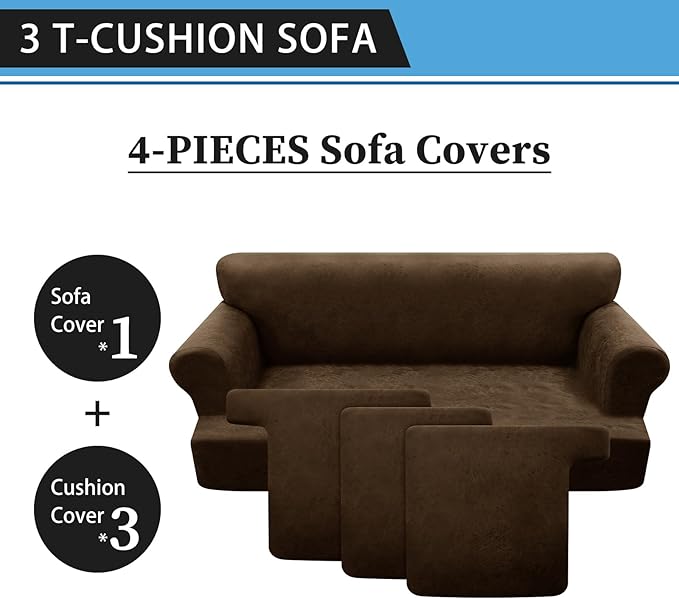 4-Piece T Cushion Sofa Slipcovers - Leather Look Couch Cover for 3 Cushion Couch - Furniture Protector - Stretch Sofa Cover with 3 Individual Seat Covers - Washable, Dark Brown