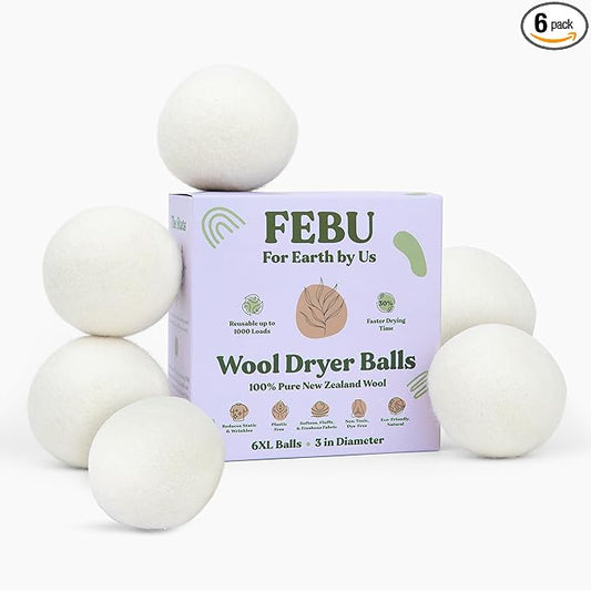 FEBU Wool Dryer Balls, 6-Pack, XL | 100% New Zealand Wool | Natural, Reusable Fabric Softener | Alternative to Dryer Sheets | Reduces Wrinkles, Shortens Drying Time, Zero Waste