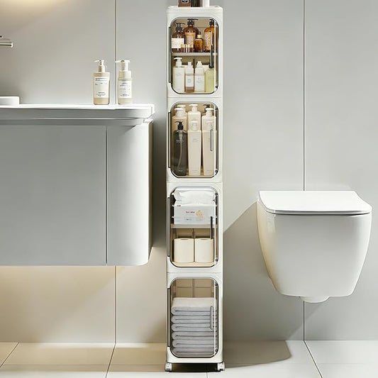 4-Tier Slim Bathroom Storage Cabinet, Narrow Storage Cabinet with Wheels, Adjustable Shelves, Magnetic Doors, Water-Proof, Anti-Tip Skinny Organizer Cabinet for Small Space, Cream White