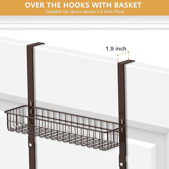 Over the Door Basket Organizer 3 Tier Hanging Basket Door Shelf Rack Heavy Duty Over Door Pantry Organizer with 3 Metal Baskets for Kitchen Bathroom Bedroom Living Room, Dark Brown