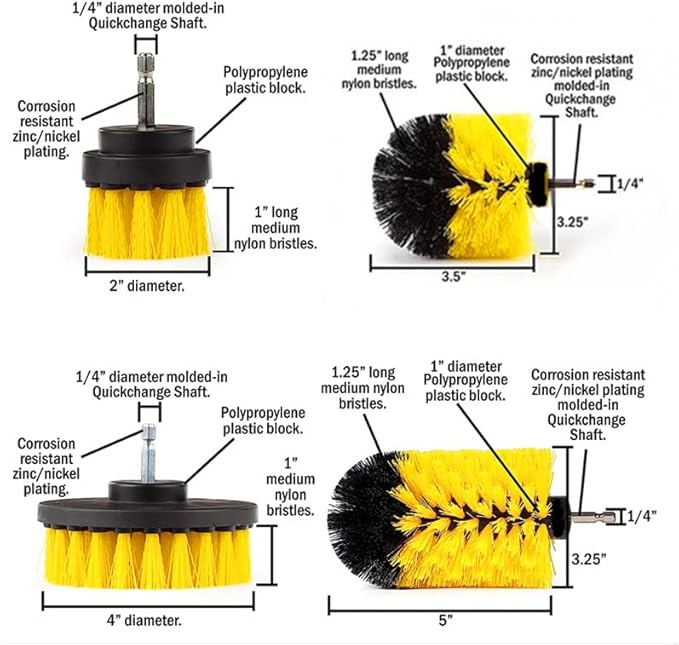 HUAWELL 8 Pack Drill Brush Power Scrubber Cleaning Brush Extended Long Attachment Set All Purpose for Bathroom Surfaces, Grout, Floor, Tub, Shower, Tile, Kitchen and Car (Yellow)