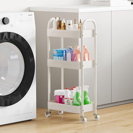 3 Tier Narrow Rolling Storage Cart for Laundry Room Bathroom Kitchen, 7.1'' Slim Utility Cart with Wheels and Lockable Casters Standing Shelf for Small Space & Between Washer and Dryer, White