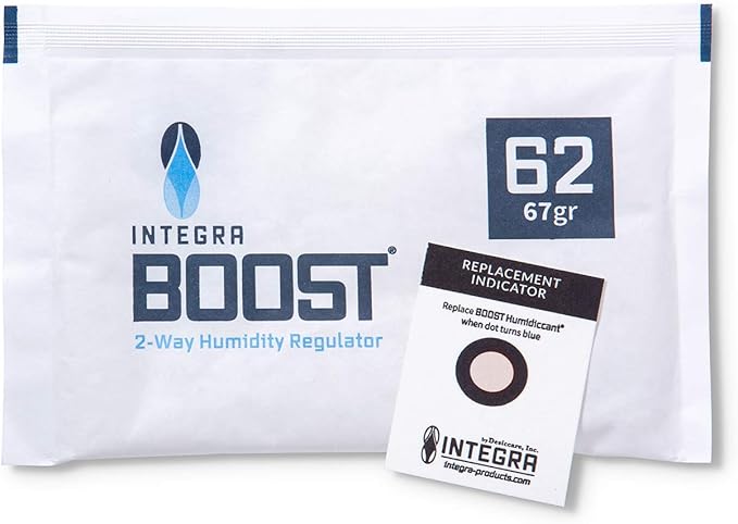 Integra Boost - 62% RH Level - 67 Gram Size - Two-Way Humidity Control Pack - Incl. Replacement Indicator Cards - Food Storage & Herbs Moisture Balancer For Up to 1 LB (Pack of 12)