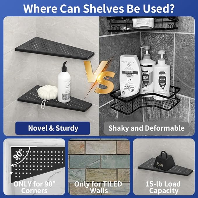 Corner Shower Shelf, Matte Black 12" 304 Stainless Steel Trapezoid Grout in Shelf with Grid Hollows Design, Recessed Bathroom Shelves for Tiled Wall Retrofit, 2 Pack