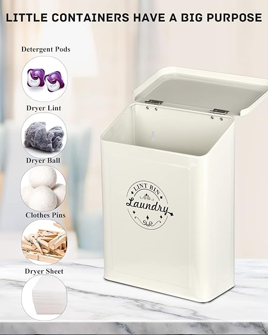 Magnetic Lint Bin for Laundry Room Organization and Storage with Brush, Wall-Mounted Dryer Lint Bin for Room Decor, Space-Saving Trash Can (Cream)