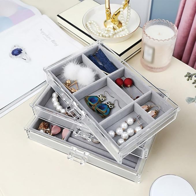 Acrylic Makeup Organizer Box 3 Layers Jewelry Storage Case for Cosmetics and Accessories for Vanity Table and Bedroom Display