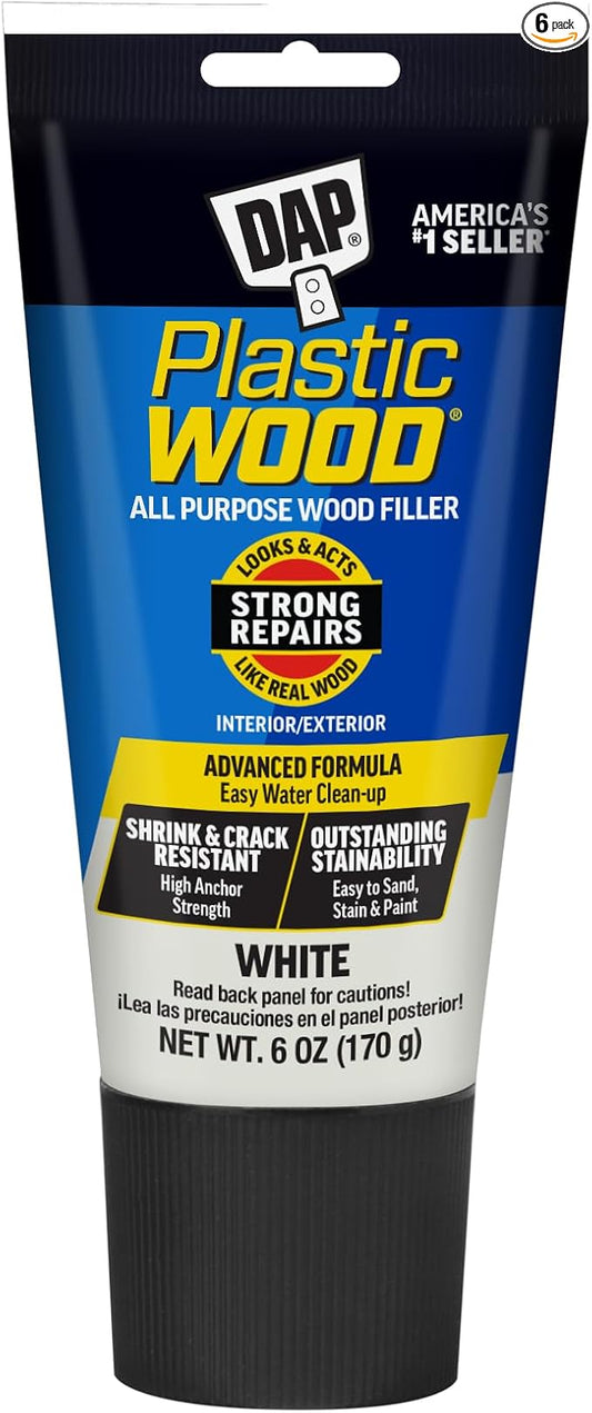 DAP Plastic Wood All Purpose Latex Wood Filler, White, Packaging May Vary,6 Oz (Pack of 6)