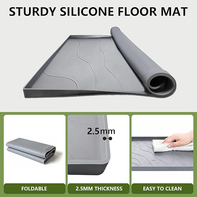 27×27×0.79inch Washing Machine Pan, With Raised Edge Washer Drip Tray, Drain Pan Silicone Mat, Foldable Portable Anti-Vibration Non-Slip Waterproof Pad, Textured Surface (Grey)