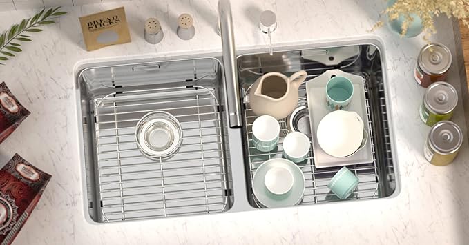 SANNO Sink Bottom Grid for Kitchen, Sink Protectors with Rear Drain Hole for Double Sink,Stainless Steel,13" L x 11.6" W
