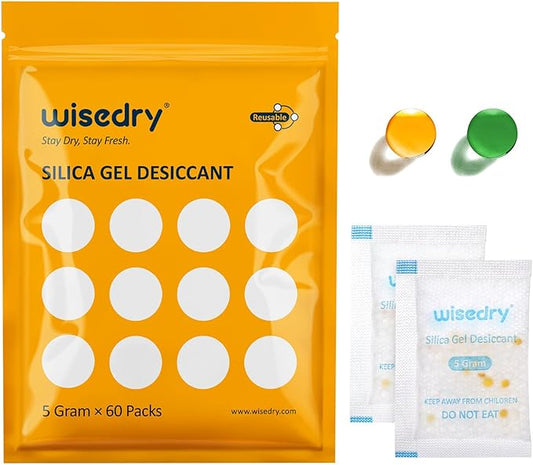 wisedry 5 Gram [60 Packs] Food Grade Silica Gel Packs Rechargeable Desiccant Dehumidifiers Pouches with Color-Indicating Beads Reusable Moisture Absorbers for Food Storage