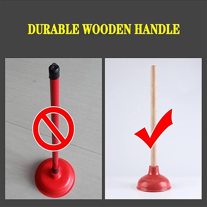 Toilet Plunger Red Heavy Duty Force Cup Rubber with A Long Wooden Handle to Fix Clogged Toilets and Drains, Perfect for Kitchens and Bathrooms (1 pcs)