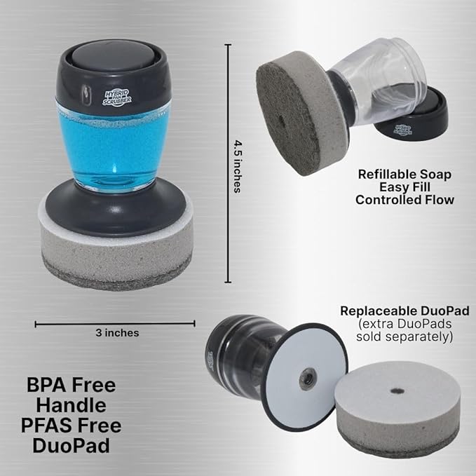 Stainless Steel & Hybrid Cookware Scrub & Polisher with Soap-Dispensing Handle, Dual-Layer DuoPad & Drydock Tray. Refillable, Ergonomic, Safe for All Hybrid and Stainless Steel cookware.