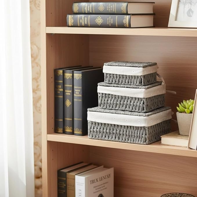 Woven Storage Baskets with Lids, Set of 3, Gray Paper Rope Wicker Bins with Lids & Removable Liners, Stackable Shelf Organizer Boxes for Bathroom Closet Nursery