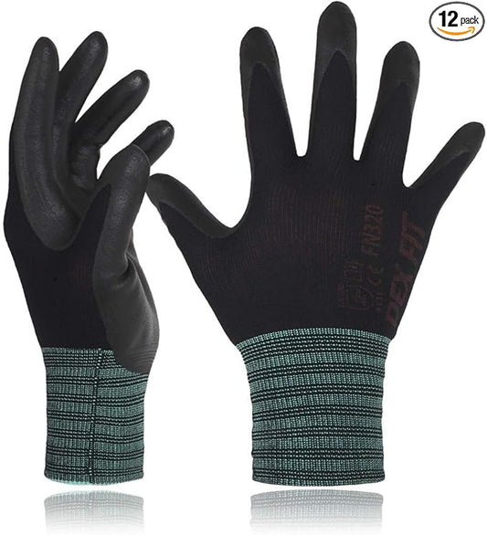 DEX FIT Premium Nylon Nitrile Work Gloves FN320, 12 Pairs, 3D-Comfort Stretchy Fit, Firm Grip, Thin & Lightweight, Durable, Breathable & Cool, Machine Washable; Black 7 (S)