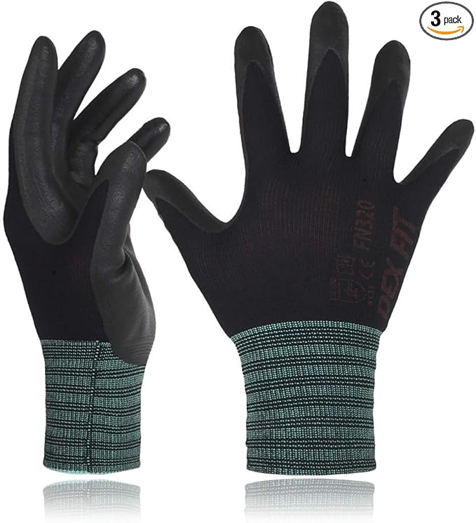 DEX FIT Premium Nylon Nitrile Work Gloves FN320, 3 Pairs, 3D-Comfort Stretchy Fit, Firm Grip, Thin & Lightweight, Durable, Breathable & Cool, Machine Washable; Black 10 (XL)