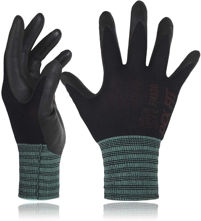 DEX FIT Nylon Work Gloves FN320, 3D Comfort Fit, Power Grip, Lightweight & Breathable, Touchscreen, Gardening, Yard Work, Warehouse, Delivery Driver Gloves; Black 9 (L)