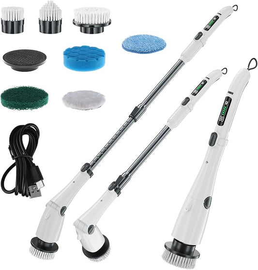 APLUSH Electric Spin Scrubber, IPX7 Waterproof Cordless Bathroom Cleaner Brush, Shower Scrubber with Adjustable Extension Handles 2 Speed, Cleaning Brush for Tub Shower Tile Floor,White