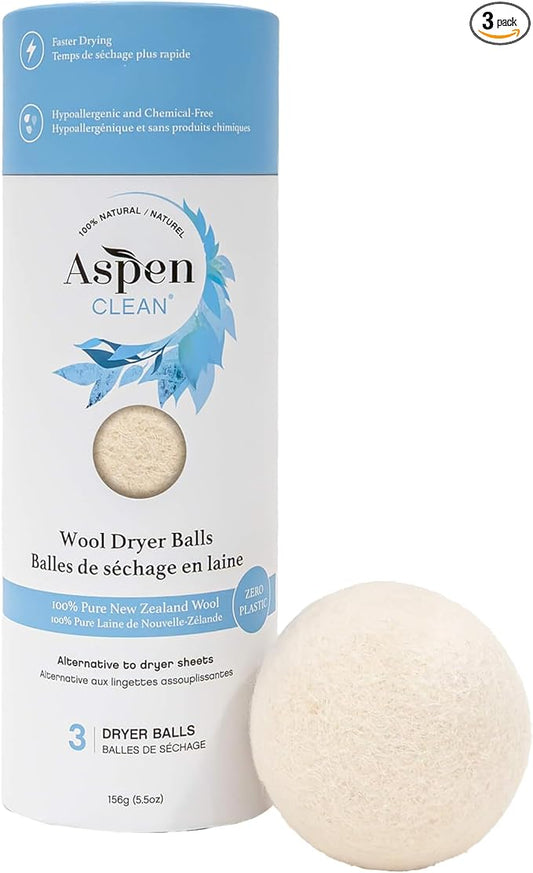 AspenClean | Wool Dryer Balls | 100% Pure New Zealand Wool | Reusable Natural Fabric Softener Alternative | Reduces Drying Time & Static | Pack of 3