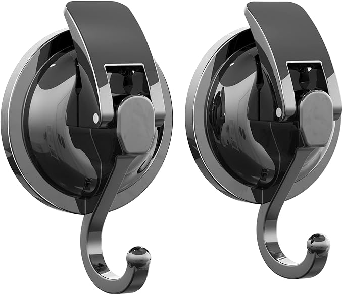 Heavy Duty Vacuum Suction Cup Hooks, Gun Silver Plated Polished Super Suction for Kitchen Bathroom, 2 Pack