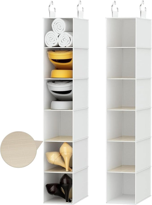 VERONLY Hanging Shoe Shelves - 6 Section,Closet Organizer Set of 2 with Woven Bamboo Shelves,Slim 5.5” Wide Design for Space-Saving Storage,White