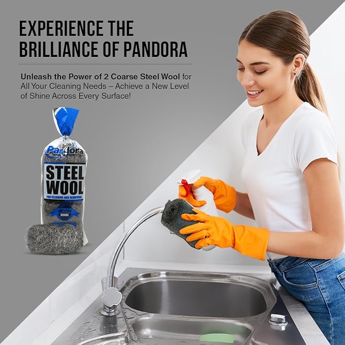 Pandora Steel Wool #2 – Coarse Grade, 240 Pads for Cleaning and Removing - Metal Strands - Ideal to Remove Floor Scuff Marks and Old Wax