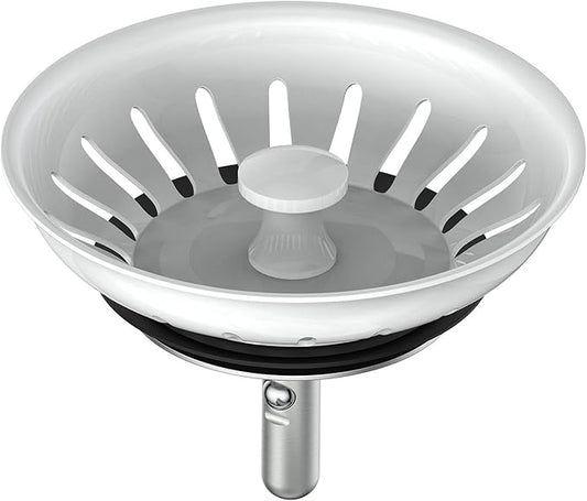 KANARY Kitchen Sink Basket Strainer Replacement for Standard Drains (3-1/2 Inch) Stainless Steel Body with Rubber Stopper (Single, White)