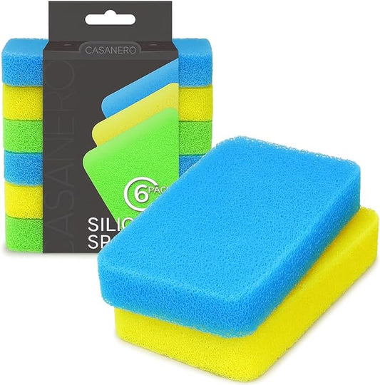 Casanero 6-Pack Silicone Scrubbing Sponges, Heavy-Duty, Non-Scratch | Reusable, Odor-Free, Multi-Purpose Cleaning for Dishes, Non-Stick, Countertops