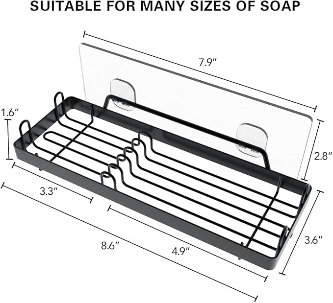 TOMIR Double Soap Dish with Hooks - Adhesive Shower Wall Mount Stainless Steel Soap Holder for Bathroom & Kitchen - Black