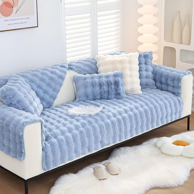 Soft Warm Faux Fur Couch Sofa Cover Thick Shaggy Fuzzy Sectional Couch Cover Non-Slip Solid Color Plush Sofa Slipcover Furniture Protector for Kids, Pets (Light Blue,36"x82")