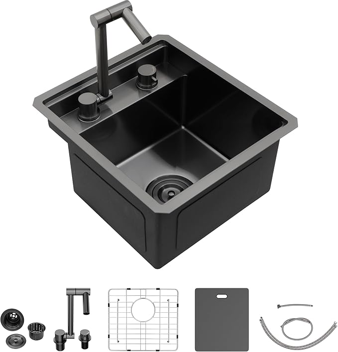 13"x15" Small RV Kitchen Sink – 16 Gauge 304 Stainless Steel Gunmetal Black NANO-PVD Undermount Single Bowl Basin with Foldable Faucet, for RV, Outdoor Camper, Mobile Home, Wet Bar