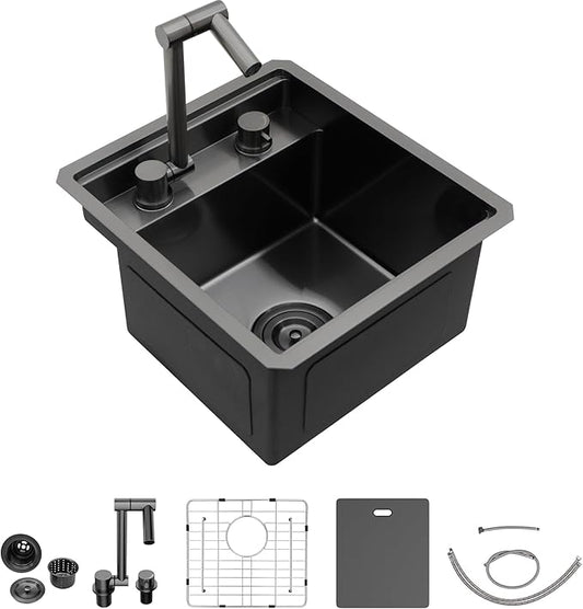 13"x15" Small RV Kitchen Sink – 16 Gauge 304 Stainless Steel Gunmetal Black NANO-PVD Undermount Single Bowl Basin with Foldable Faucet, for RV, Outdoor Camper, Mobile Home, Wet Bar