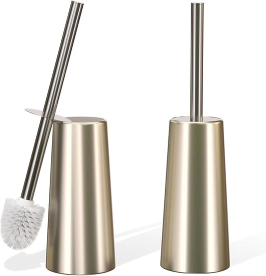 2 Pack Toilet Brush and Holder-with 304 Stainless Steel Long Handle-Toilet Bowl Brush for Bathroom (Champagne Gold)