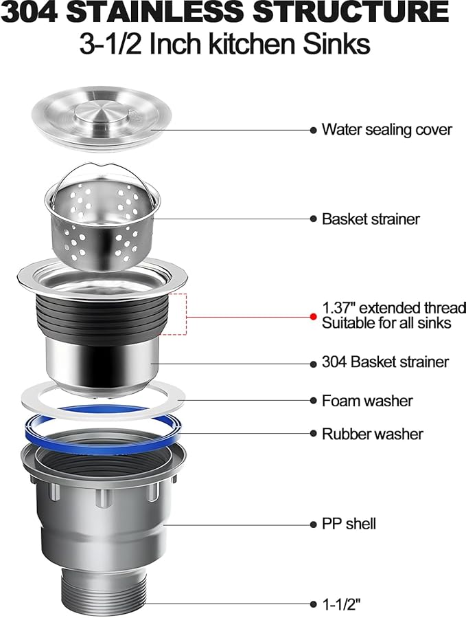 One Sink Kitchen Drainage Kit Space Saving Flexible Drain Pipe Flexible P-Trap Drain Strainer with 3-1/2 Inch Kitchen Sink Drain Assembly kit，Suitable for Kitchen, Bathroom, RV