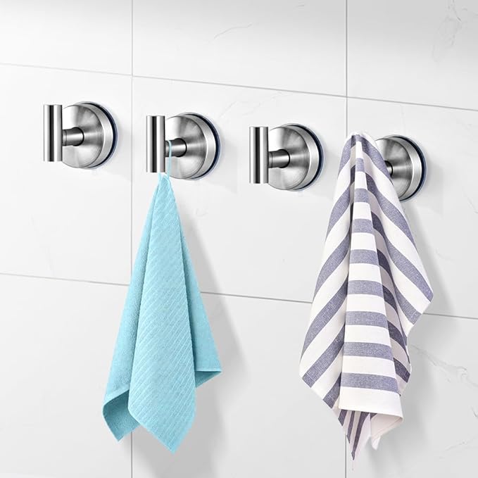 YOHOM Suction Cup Hooks for Shower Wall Bathrooms Towels Hook for Glass Door Heavy Duty Stainless Steel No Drill for Glass Doors, Window, Tile, Mirrors, Holds Up to 5lbs (Silver, 4 pcs)
