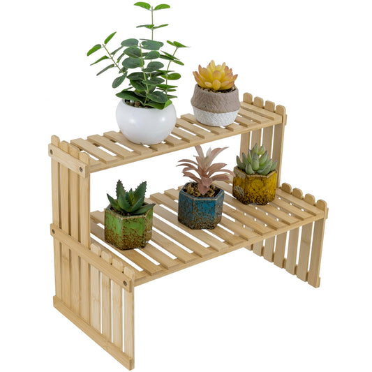 MyGift Bamboo Desktop Plant Stand, 2 Tier Slatted Shelf - Image 1