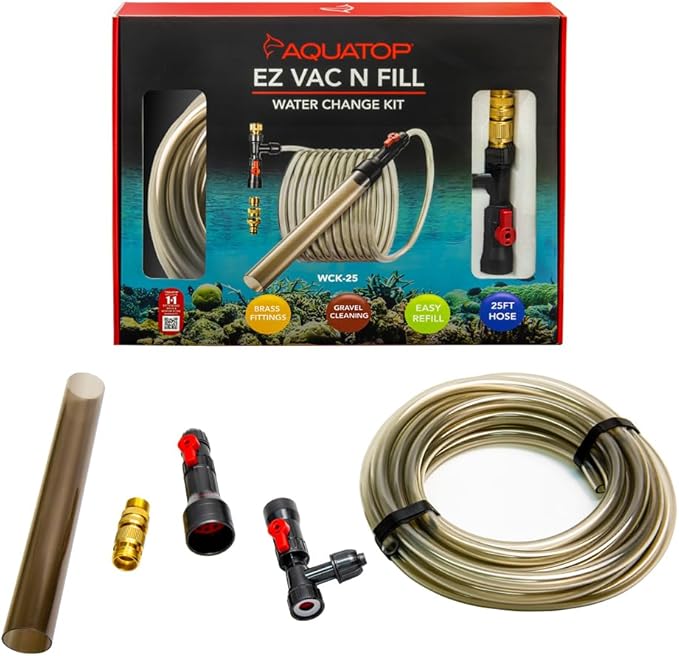 Aquatop EZ Vac-N-Fill 25Ft Aquarium Vacuum & Refill Kit – WCK-25 – Long Reach Gravel Cleaner with Brass Adapters – Simplifies Tank Maintenance & Refills