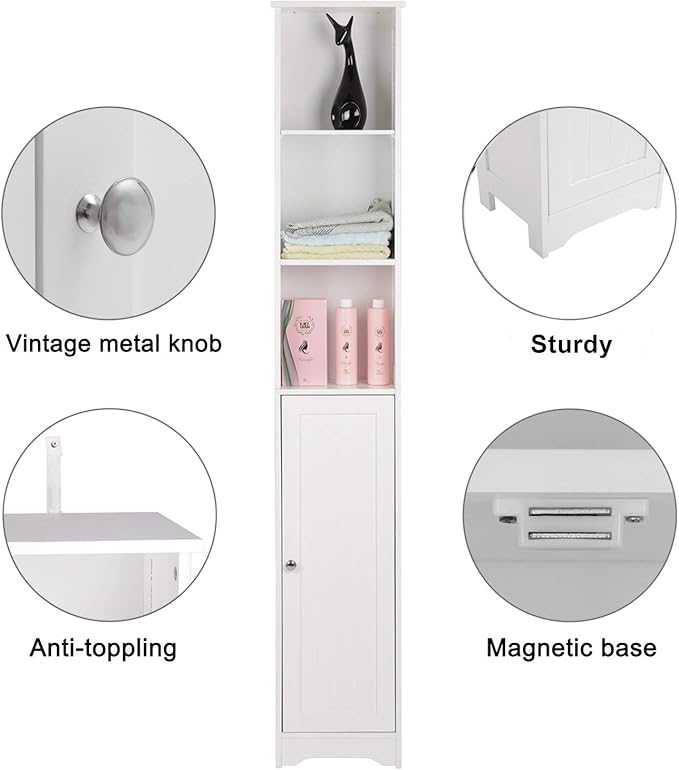 FCH 67" Tall Bathroom Cabinet, Slim Floor Cabinet White Narrow Storage Organizer with Adjustable Shelves, Space Saving Pantry Utility Storage