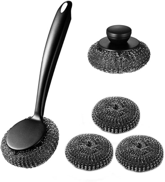 Steel Wool Dish Scrubber, Stainless Steel Scrubber Long Handle with Replacement Balls Ergonomic Design for Dishes, Pans, Grills, Stoves
