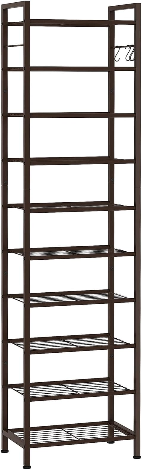 usikey 10 Tiers Narrow Shoe Rack 20-30 Pairs, Sturdy Metal Tall Shoe Rack Shelf with 4 Hooks, Slim Shoe Storage with Metal Shelf, Space Saving Vertical Shoe Organizer for Entryway Bronze UNYXJX018A