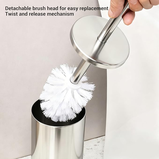 Focket Toilet Brush and Holder Set, Stainless Steel Toilet Bowl Brush with Sealable Lid and Stable Base, Heavy Duty Bowl Cleaner Brush for Home RV Bathroom Accessories (Bright Silver)