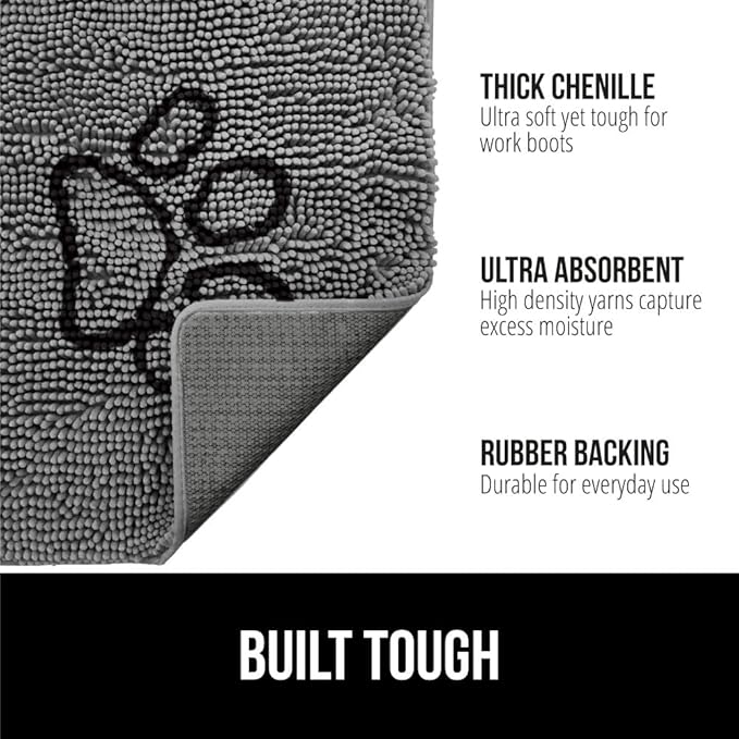 GORILLA GRIP SoakSTOPPER Dog Door Mat, 35x24 Machine Washable Rug Absorbent Doormat Captures Moisture Mud Dirt, Quick Dry Soft Chenille Entryway Rugs Indoor Entrance Mats for Dog Paws, Paw Grey