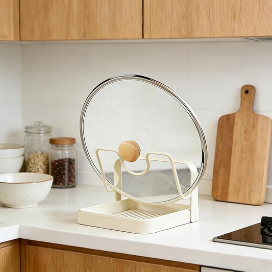 304 Stainless Steel Kitchen Pot Lid Storage Rack, Pot Lid Holder while Cooking, Pot Lid Organizer with Removable Tray & Spoon Rest,Waterproof & Rustproof (Beige, 1 Layer)