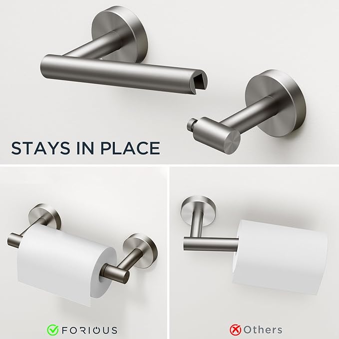 FORIOUS 4 Piece Bathroom Accessories, SUS304 Stainless Steel Toilet Paper Holder, Towel Ring and 2 Towel Hooks, Wall Mounted Bathroom Hardware Set (Brushed Nickel,Double Post Pivoting)