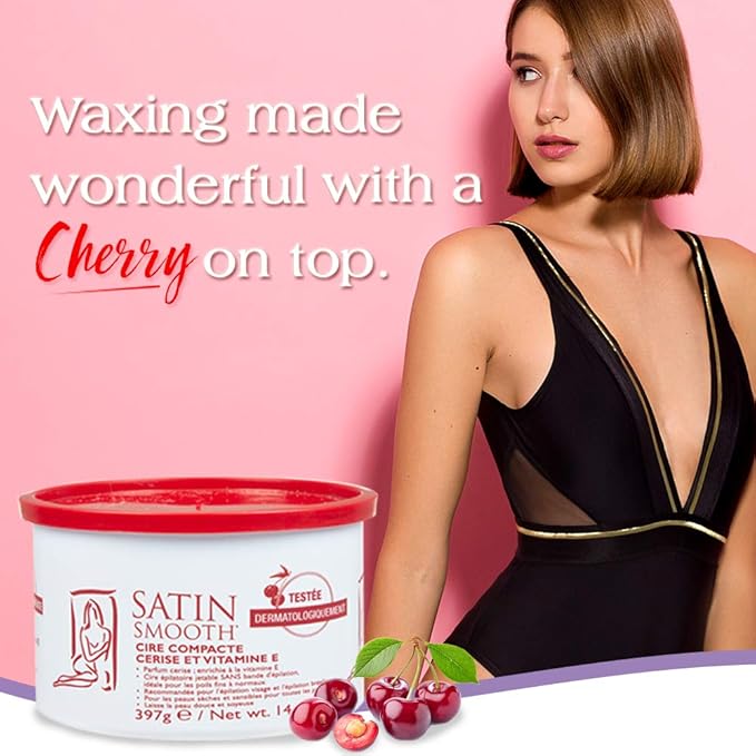 Satin Smooth Wild Cherry Hard Wax with Vitamin E, Hair Removal Wax for Sensitive Skin, Ideal for Bikini, Brazilian, and Body Waxing, 14oz